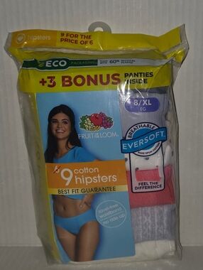 NIP Fruit of the Loom Women’s Cotton Hipsters - Bonus Pack (9) Size: 8/XL